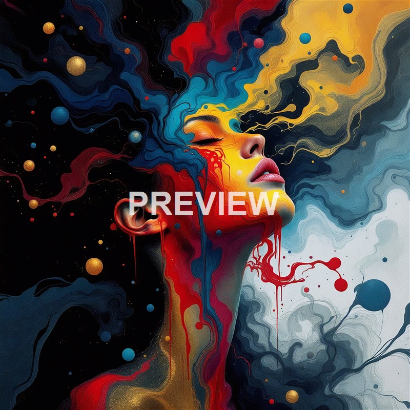 A surreal digital artwork of a woman's face with closed eyes, her hair and facial features blending into vibrant, flowing abstract colors and shapes resembling cosmic elements.